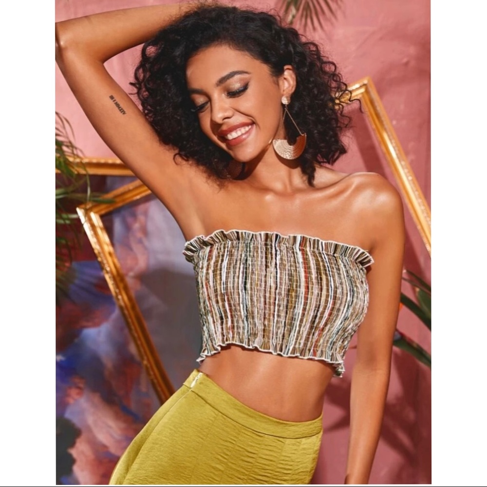 ⭐️LAST ONE⭐️ Stripes Shirred Ruffle Trim Tube Top